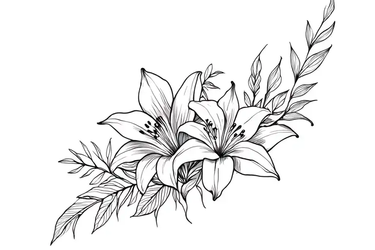 Floral Tatoo That Wraps Around My Leg With Lily's And Rimu Leaves