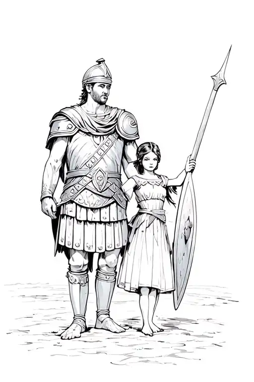 Roman Soldier Standing With A Shield Protecting A Girl Behind Him