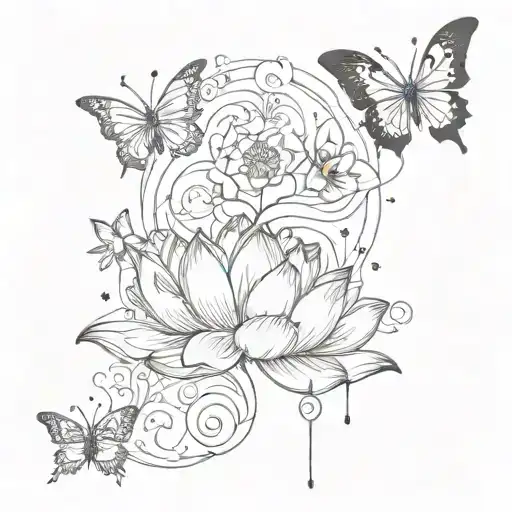 I Want A Black Outlined Tatoo With A Lotus Flower On Bottom And 10 Butterflys Flying Above It