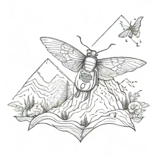 A Surreal Tattoo Design Featuring A Moth Playing A Guitar On Top Of A Mountain Peak