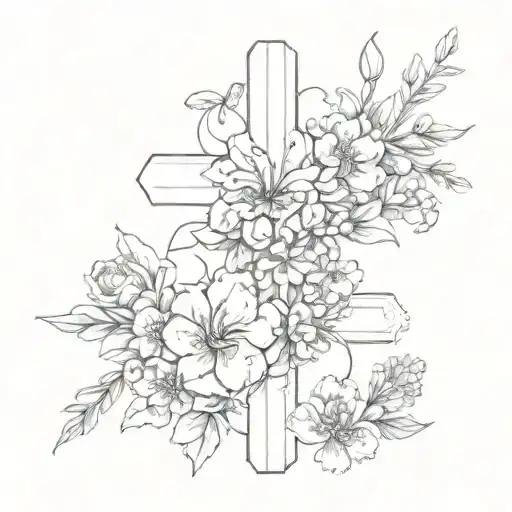 Cross With May January And Augest Birth Flowers Wrapped Around