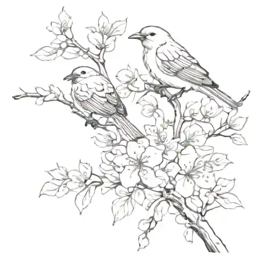 4 Birds Take Away On Cherry Tree Flowers Branch