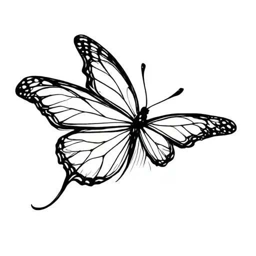 A Very Small Black And White Minimalist Tattoo Featuring A Flying Butterfly With Fading Lines