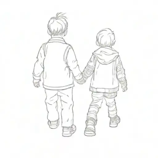 Two Children Walking Down A Path In The Woods With A Trail Behind Them