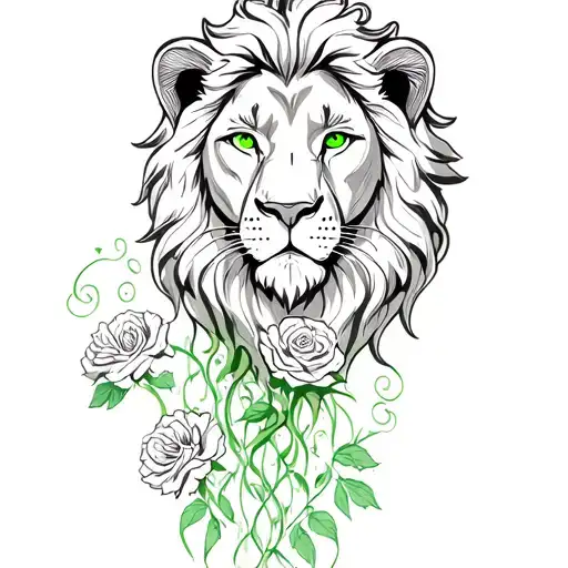 Lion With Light Green Eyes With Roses And Carnation Flowers Flowing Down The Leg