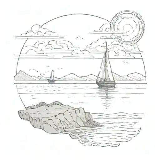 A Sun Setting Over A Tranquil Ocean Scene With A Sailboat In The Distance