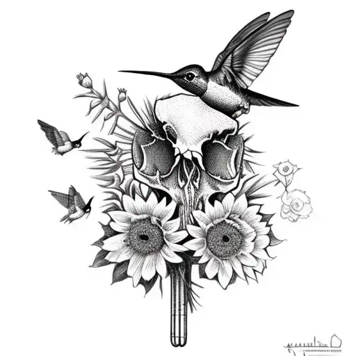 A Bouquet Of With A Cow Skull And A Hummingbird