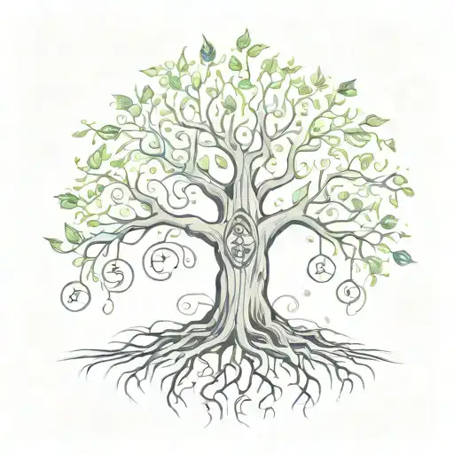 A Sketch-style Design Of A Magical Tree With Wiccan Symbols Hidden In Its Roots