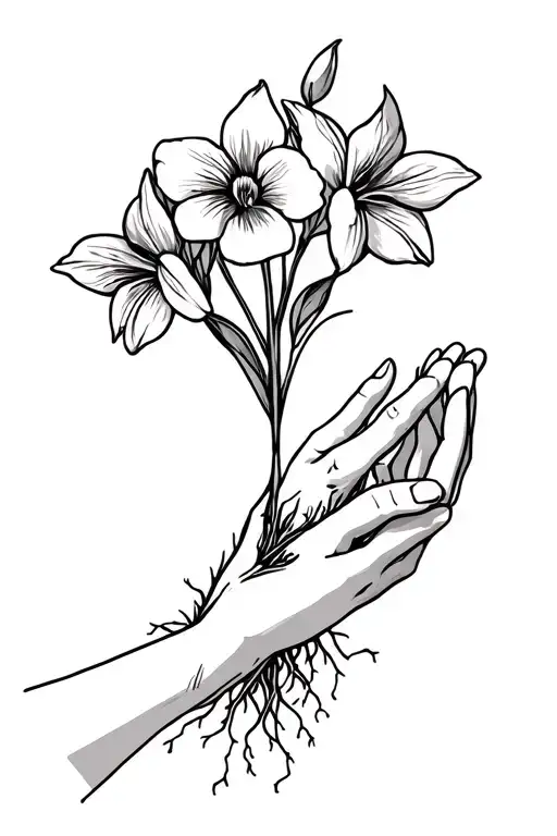 Freesia Flower Growing With Roots Coming From Holding Hands Holding And Unconditional Love Symbol