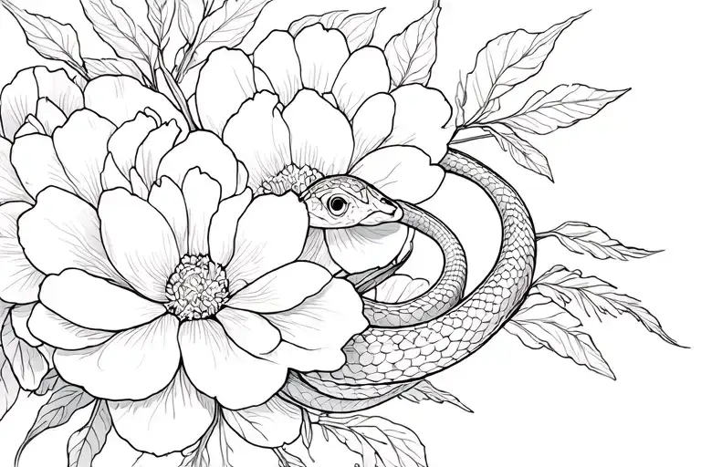 Snake In Peonies Flower Blooming
