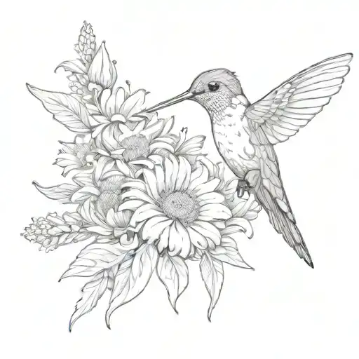 Hummingbitd With Marigold Daisy Amd Aster Bouquet