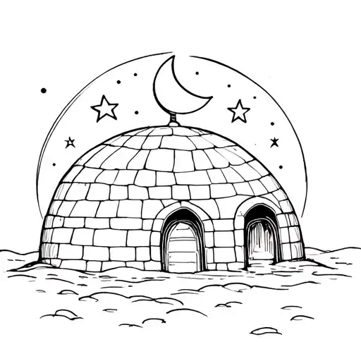 Igloo Only Outline With Half Moon And 3 Stars Above It And More Realistic
