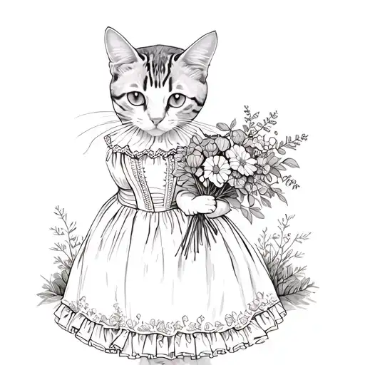 Cat Wearing An Old Fashioned Victorian Dress Holding A Bouquet Of Flowers Surrounded By Nature