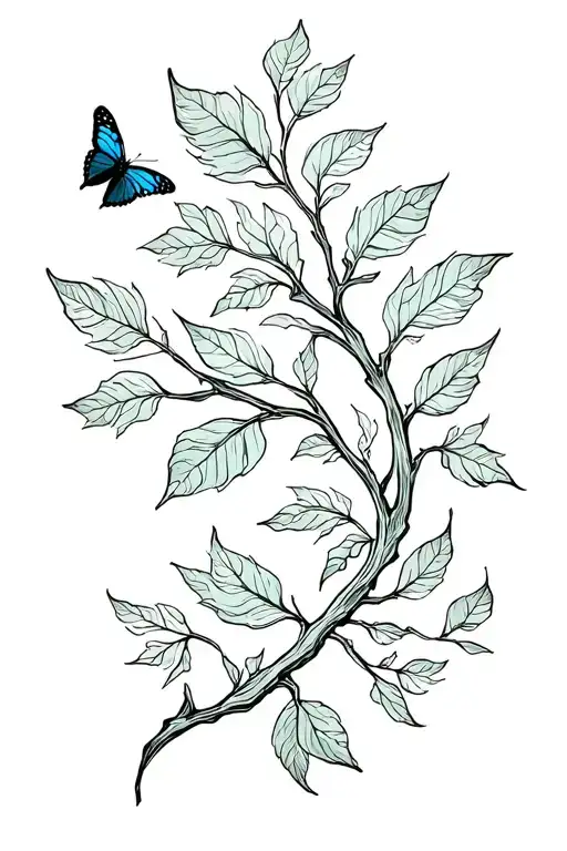 Branch With Leaves That Turns All Around The Arm And A Butterfly On A Leaf
