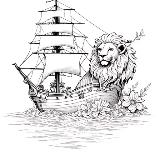 Pirate Ship Lion And Flowers Growing