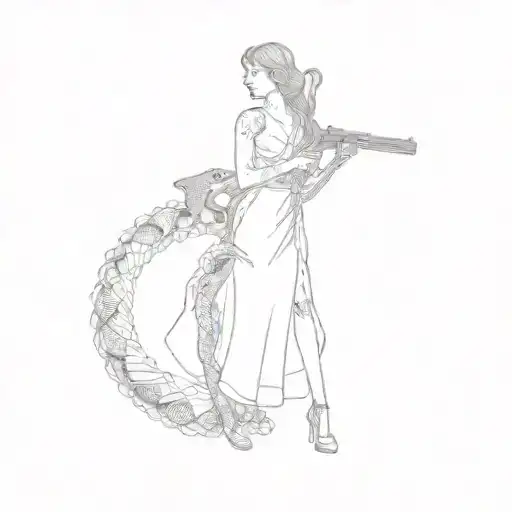 A Woman In A Red Dress Holding A Gun With Snakes