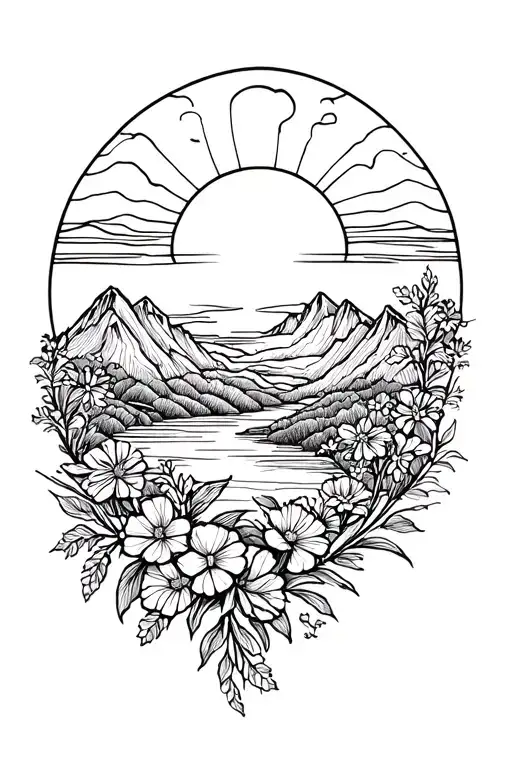Sunrise Flowing Into Mountains And Flowers