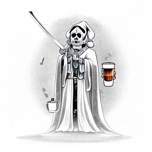 A Santa Muerte Holding A Katana With A Coffee Mug And Musical Notes In The Background