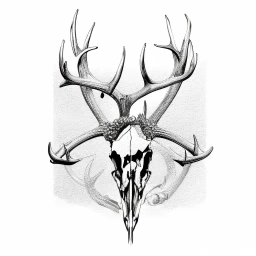 A Detailed Sketch Of A Whitetail Deer Skull With Antlers Intertwined With Fishing Hooks
