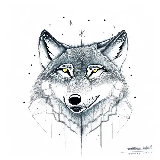 Wolfs Head Above A Moonlit Forest With 3 Cubs