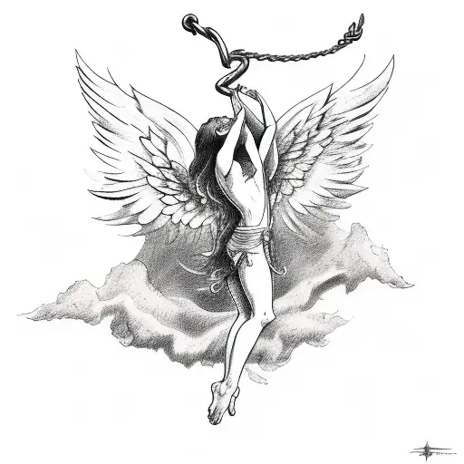 A Sketch-style Tattoo Of A Drowning Angel Reaching For A Lifeline