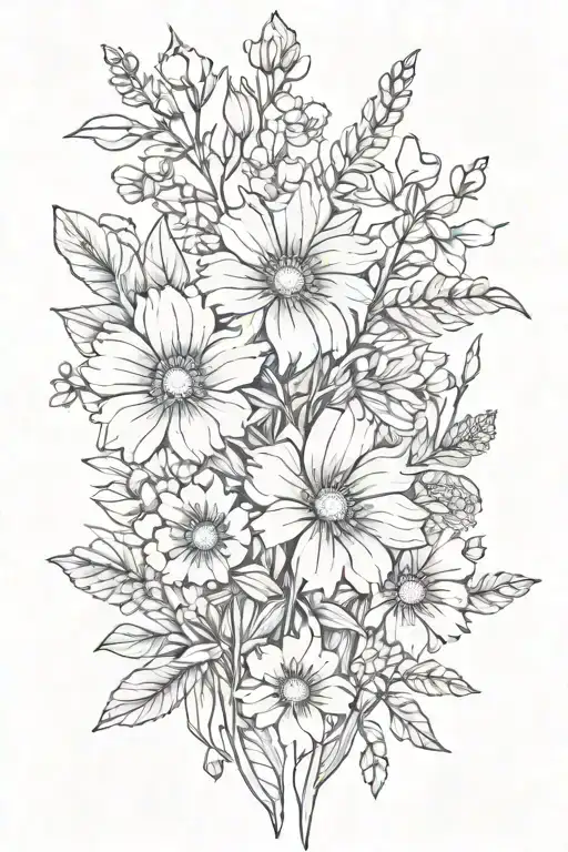 A Sketch Style Tattoo Of A Bouquet Of Wildflowers With A Mountain Silhouette In The Background