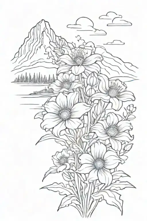 A Sketch Style Tattoo Of A Bouquet Of Wildflowers With A Mountain Silhouette In The Background