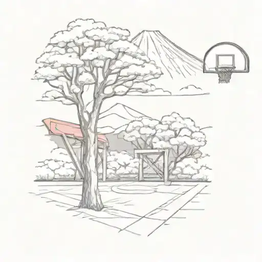 A Sketch Of A Basketball Court With Cherry Blossom Trees And Mount Fuji In The Background