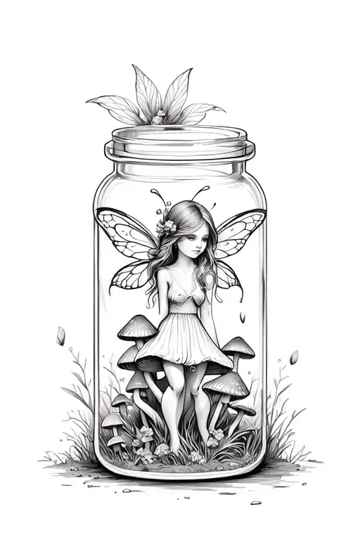 A Tiny Fairy In A Jar With Mushrooms