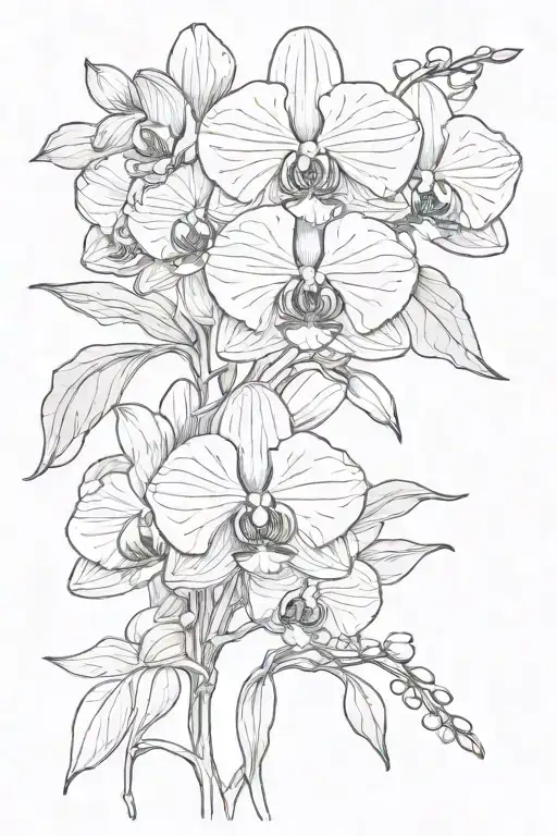 1 Large Orchid And 2 Small Ones With Leaves