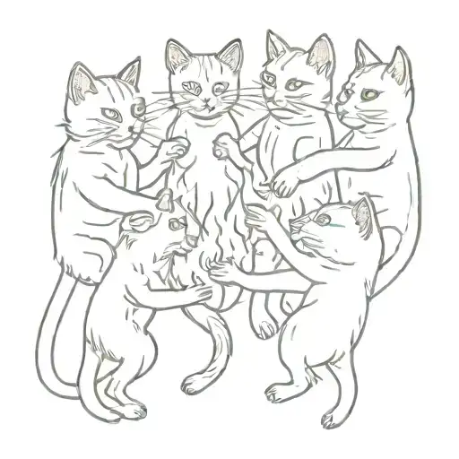 5 Cats Holding Hands And Dancing Around A Fire