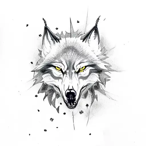 Howling Wolf With Skull And Flowers On The Base Of It's Neck And Flying Bats And Crows