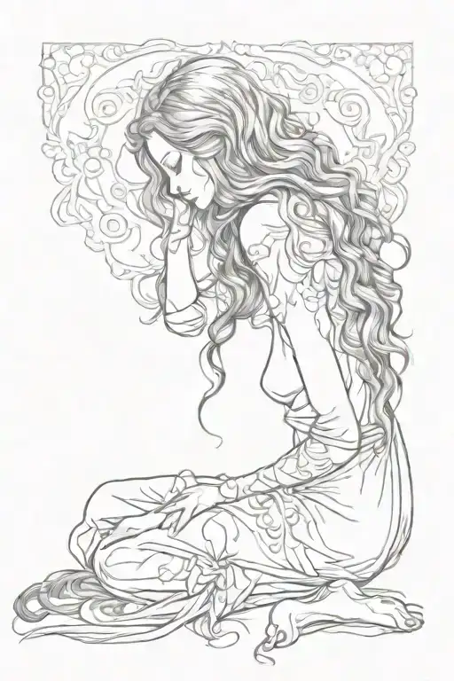 A Woman With Long Hair Bowing Her Head And Begging On Her Knees