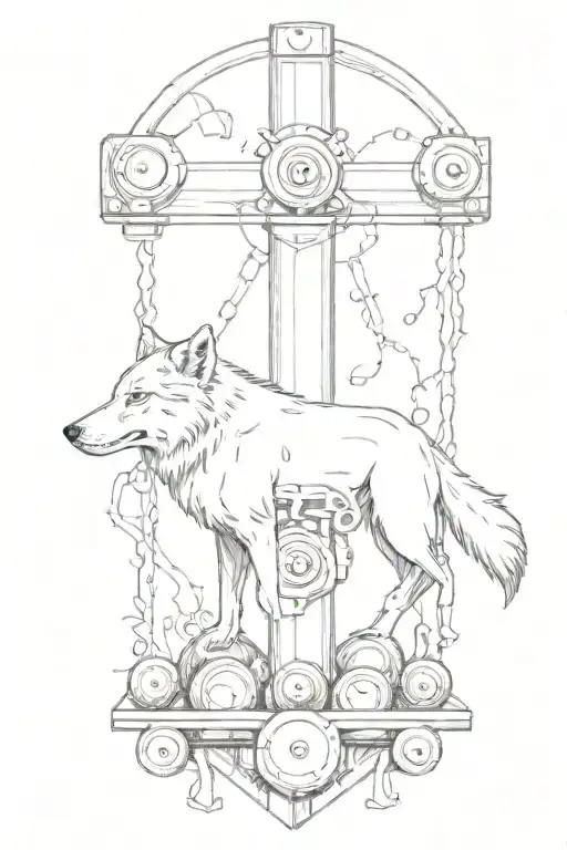 A Cross Made Of Gym Weights With A Wolf Resting At The Base And Musical Notes Floating Around It