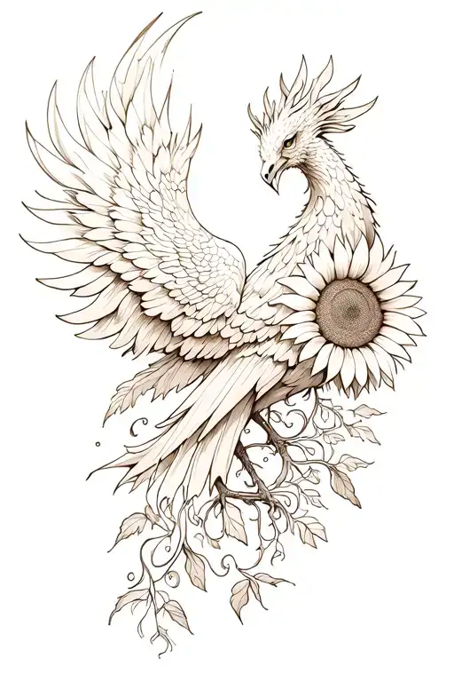 Phoenix Rising From Ashes With Sunflower And Vines