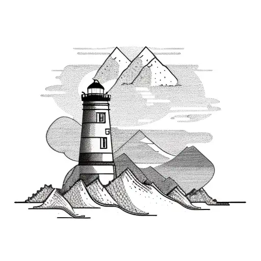 Mountains With Water And Lighthouse Having Camera Symbol In It