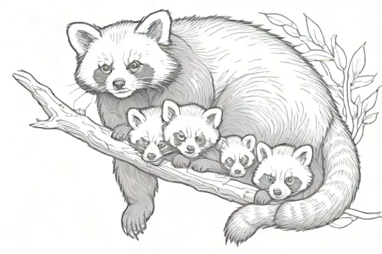 Red Panda Mother With 4 Baby Red Pandas