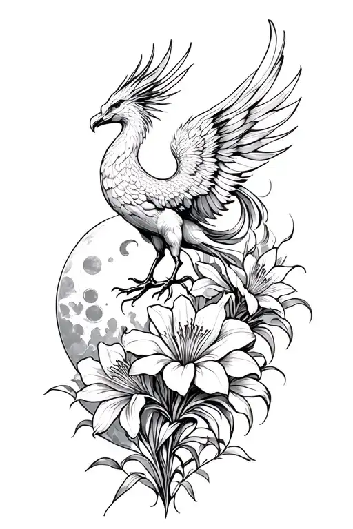 Phoenix Rising With Gladiolus Flower And Moon