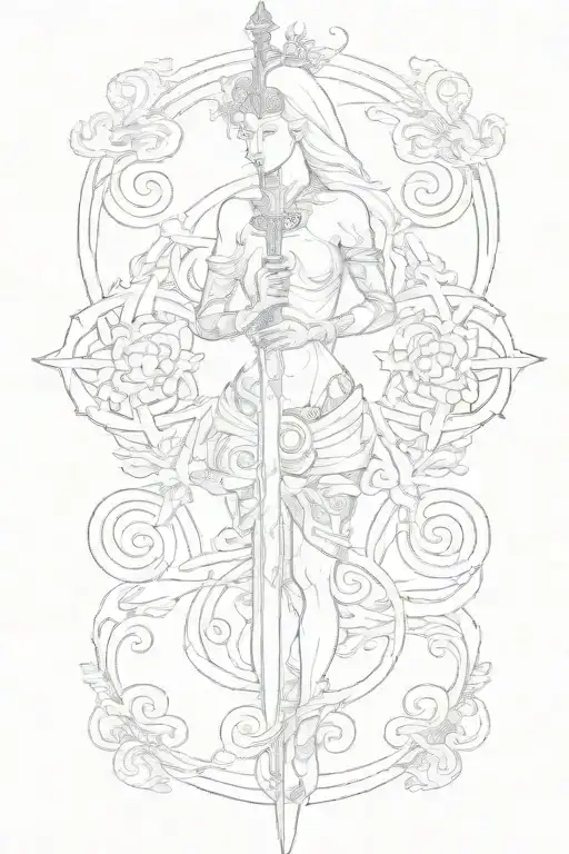 Female Body Figure Holding Sword Sun Behind With Flowers Intertwined