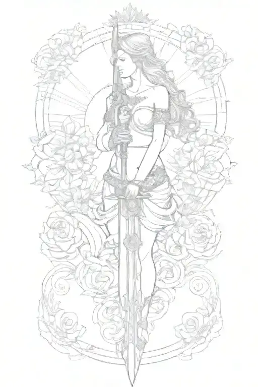 Female Body Figure Holding Sword Sun Behind With Flowers Intertwined