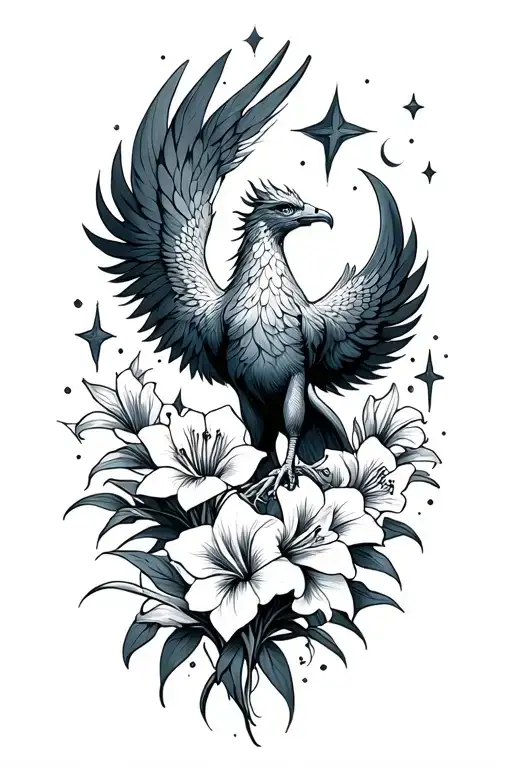 Phoenix With Gladiolus And Moon And Stars