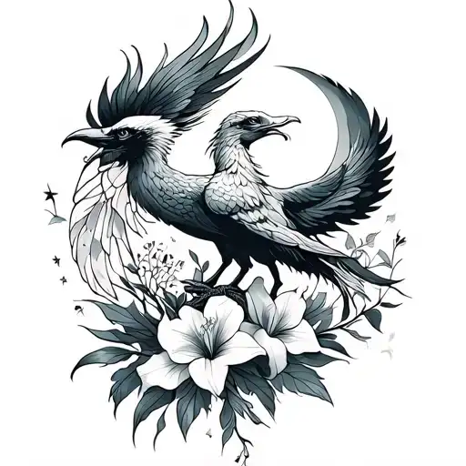 Phoenix With Gladiolus And Moon