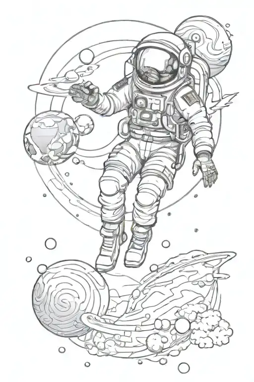 Spaceman Full-length Flying In Space With Planets Orbiting