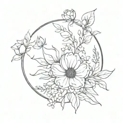 Black And White Minimalist Flowers In A Circle Shape Circle And Emptiness In The Center