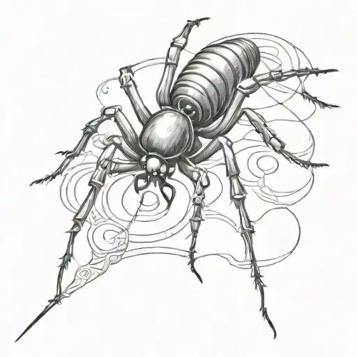 A Sketch Style Tattoo Of A Elegant Black Widow Spider Crawling On An Old-fashioned Quill Pen