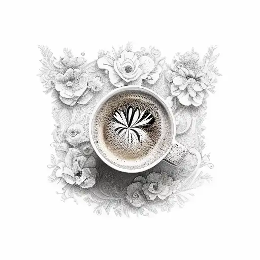 A Coffee Cup Adorned With Delicate Floral Motifs And Surrounded By Swirling Steam