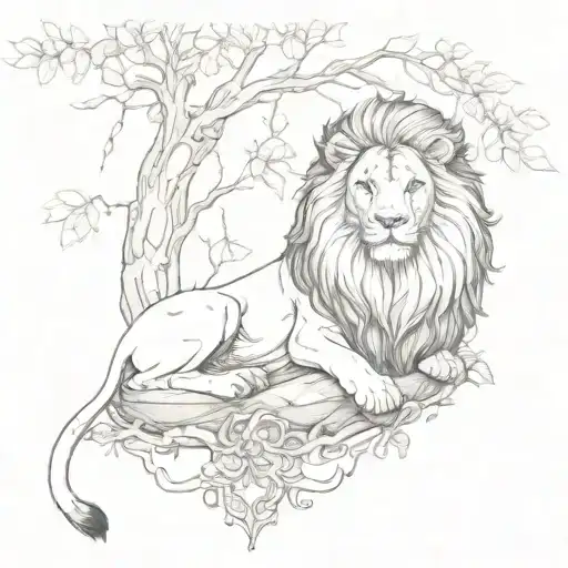 A Lion Meditating Under A Bodhi Tree Growing Inside