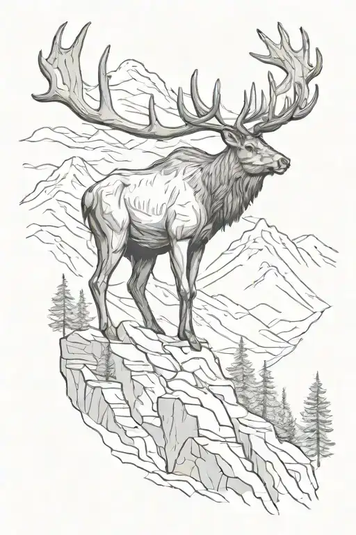 A Realistic Tattoo Of A Majestic Elk Standing On A Rugged Mountain Peak