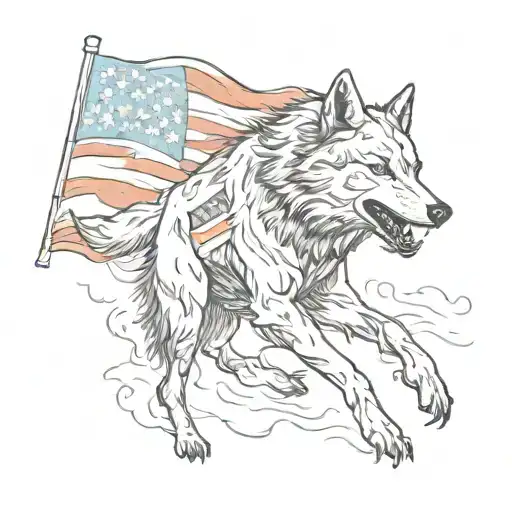 A Sketch Of A Wolf Running Through A Forest With An American Flag Draped Over Its Back