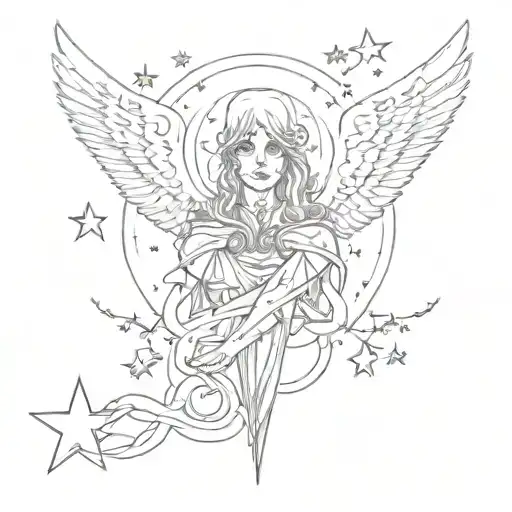 Cyper Sigilism Style Tattoo Sleeve Black And White Line Work Stars Angel Skulls